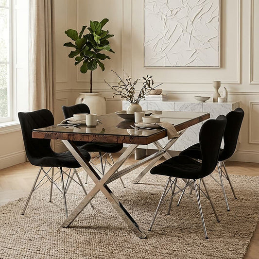 Square Natural Wood and Clear Glass Top Dining Table with Grey Cross Base | Kerala