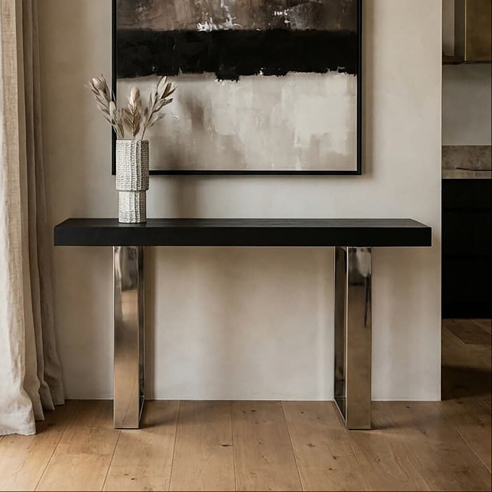 Natural Elm Wood Console Table with Silver Finish Frame | Ulmus