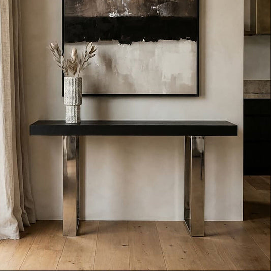 Natural Elm Wood Console Table with Silver Finish Frame | Ulmus