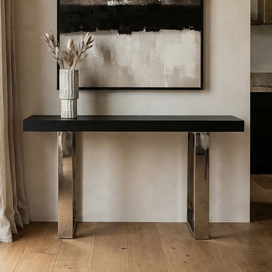 Black Wood and Clear Glass Top Console Table with Silver Crossed Legs | Kerala