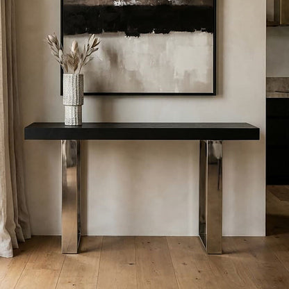 Black Wood and Clear Glass Top Console Table with Silver Crossed Legs | Kerala