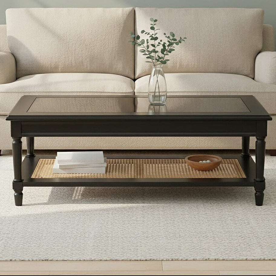 Black Finish Clear Glass Top Coffee Table with Natural Rattan Woven Shelf | Corso