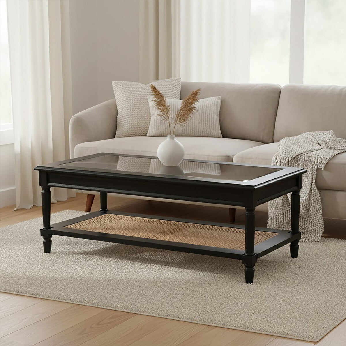 Black Finish Clear Glass Top Coffee Table with Natural Rattan Woven Shelf | Corso