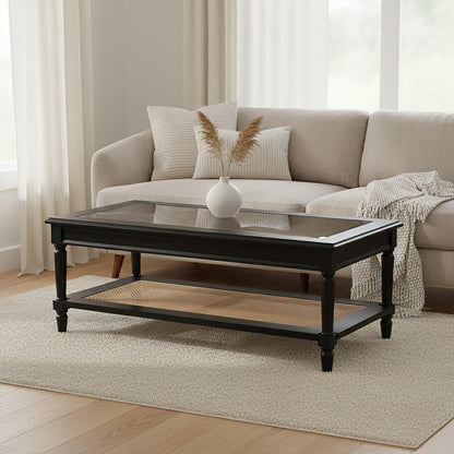Black Finish Clear Glass Top Coffee Table with Natural Rattan Woven Shelf | Corso