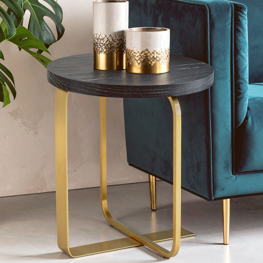 Oak Veneer Round Side Table with Gold Warm Metallic Frame | Lena