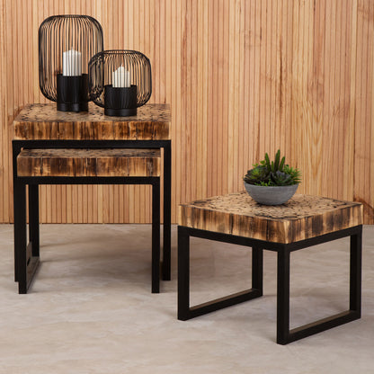 Set of 3 Rustic Teakwood Top Nesting Tables with Black Metallic Bases | Malang