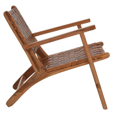 Inca Brown Leather Lattice Design Armchair with Teak Wood Frame
