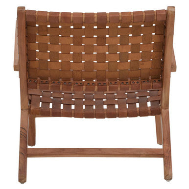 Inca Brown Leather Lattice Design Armchair with Teak Wood Frame