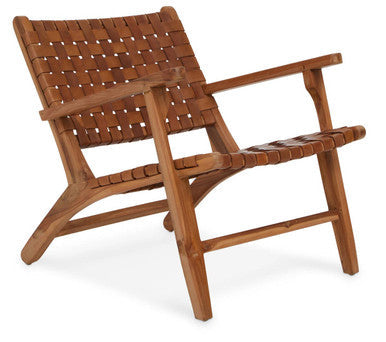 Inca Brown Leather Lattice Design Armchair with Teak Wood Frame