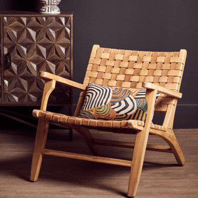 Inca Brown Leather Lattice Design Armchair with Teak Wood Frame