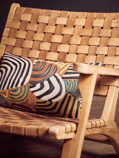 Inca Brown Leather Lattice Design Armchair with Teak Wood Frame
