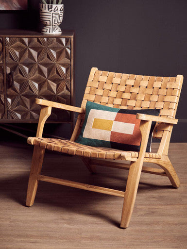 Inca Brown Leather Lattice Design Armchair with Teak Wood Frame