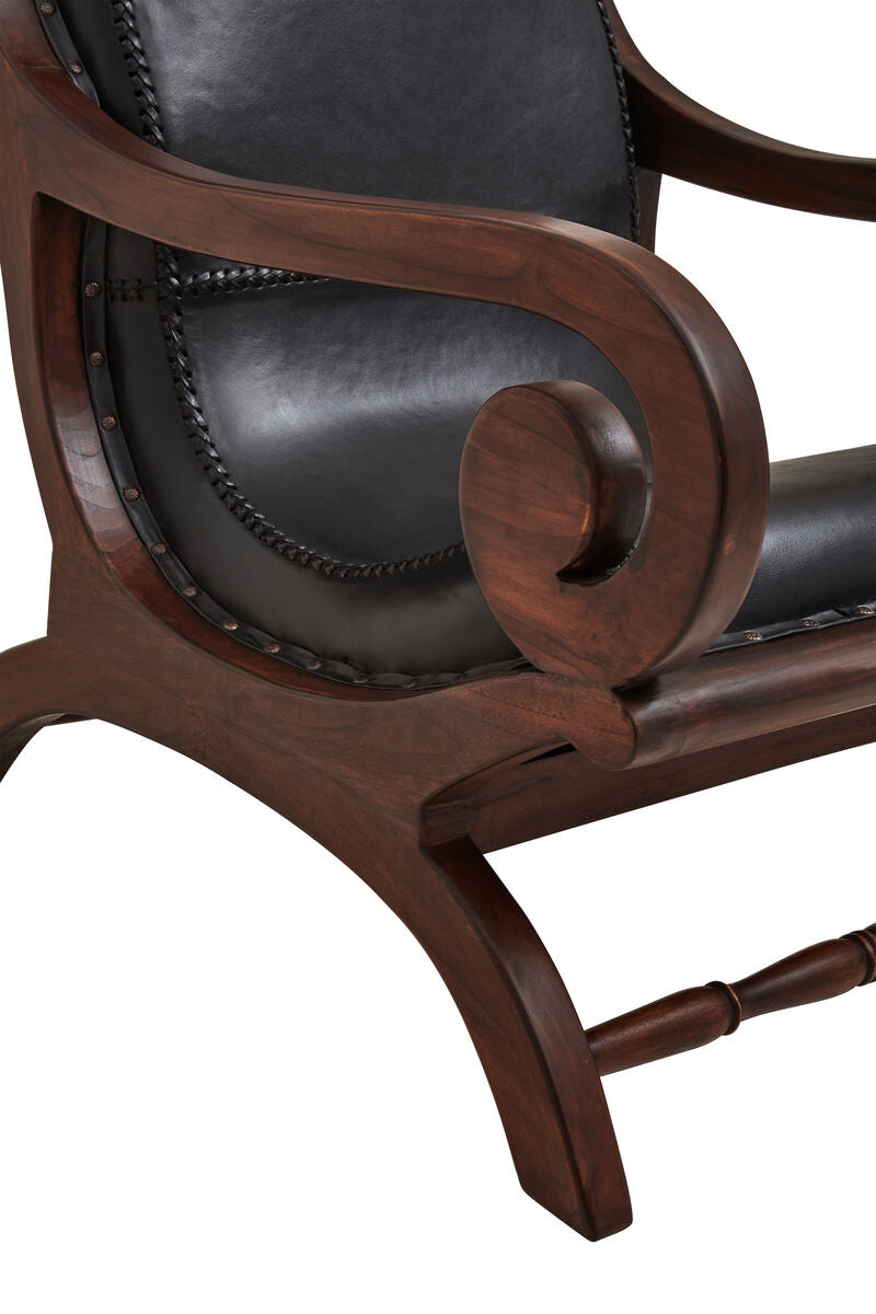 Inca Genuine Black Leather and Teak Lounge Chair with Footstool