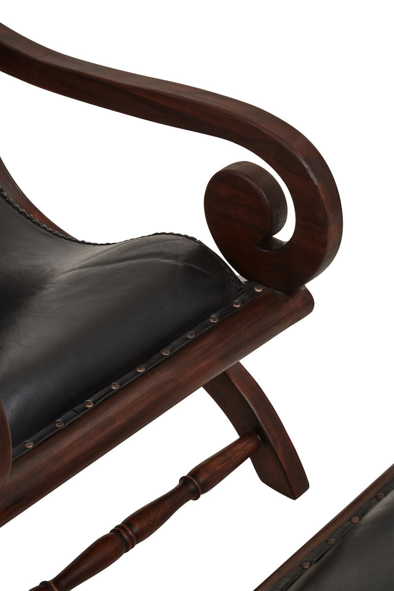 Inca Genuine Black Leather and Teak Lounge Chair with Footstool