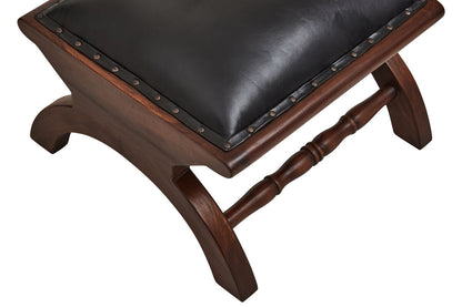Inca Genuine Black Leather and Teak Lounge Chair with Footstool