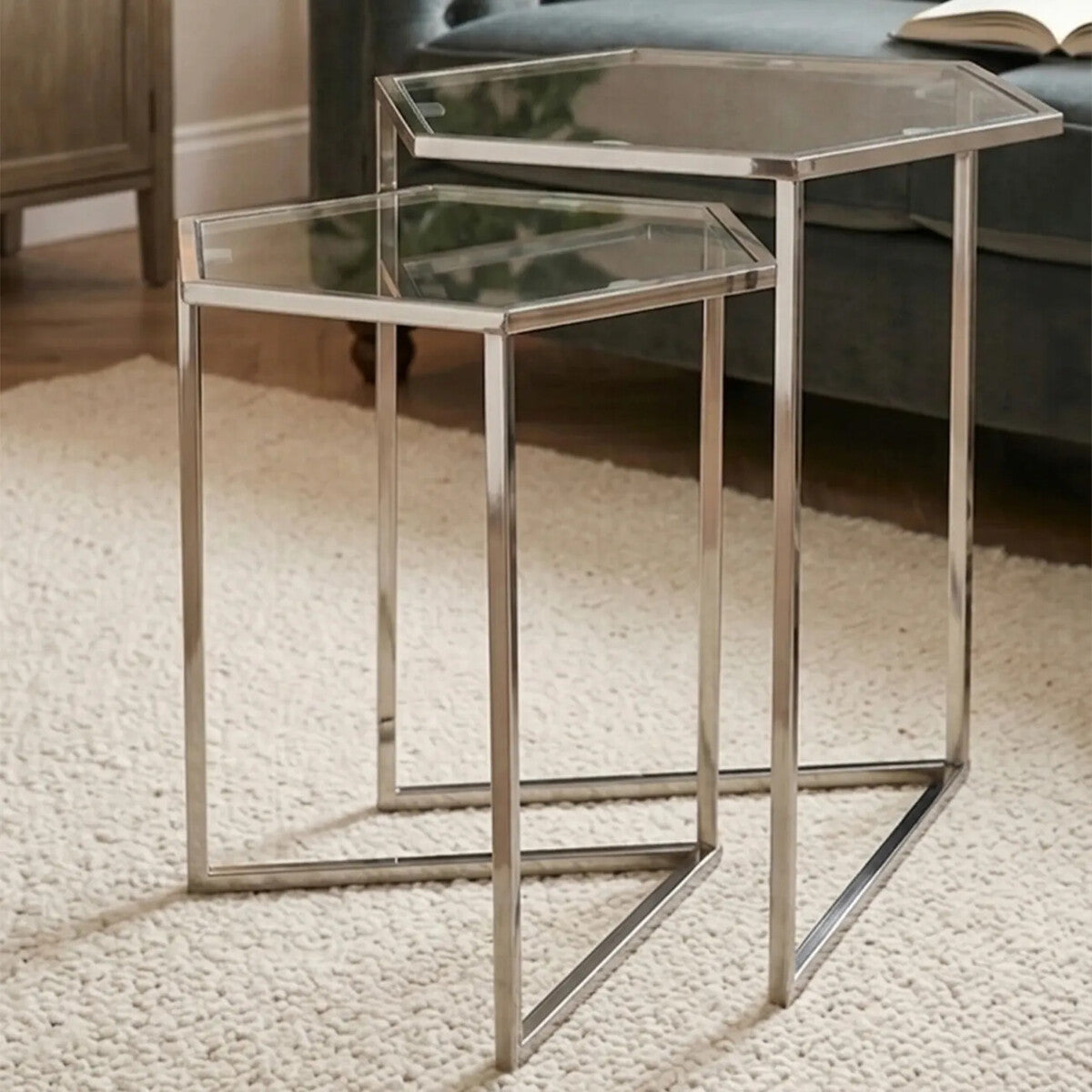 Herber Set Of 2 Silver Finish Hexagon Nesting Tables