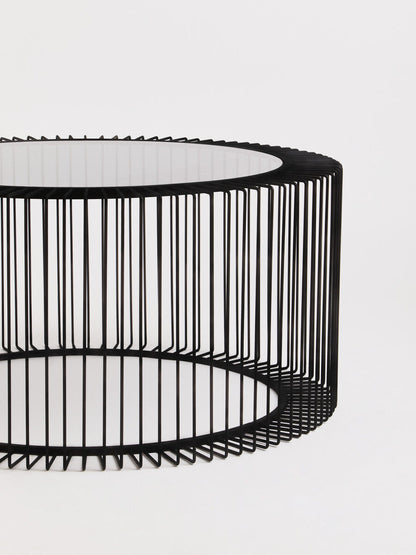 Tempered Glass Top Round Coffee Table with Black Wireframe Cage Design Base, Trento