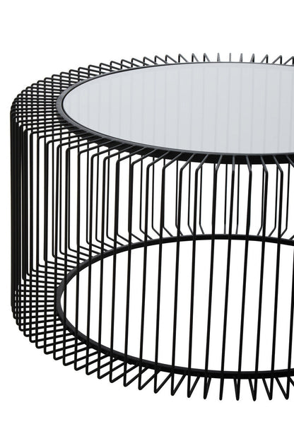 Tempered Glass Top Round Coffee Table with Black Wireframe Cage Design Base, Trento