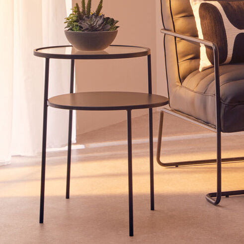 Clear Glass Top and Black Metal Lower Top End Table with Black Iron Frame | Trento