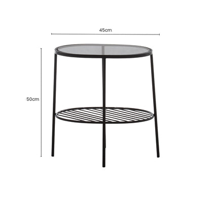 Grey Tempered Glass Side Table with Lower Metal Tier and Black Iron Frame | Trento