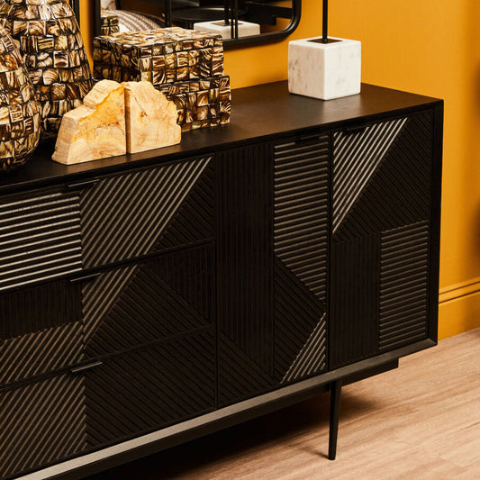 Jakara Black Finish Sideboard with 4 Doors and 3 Drawers