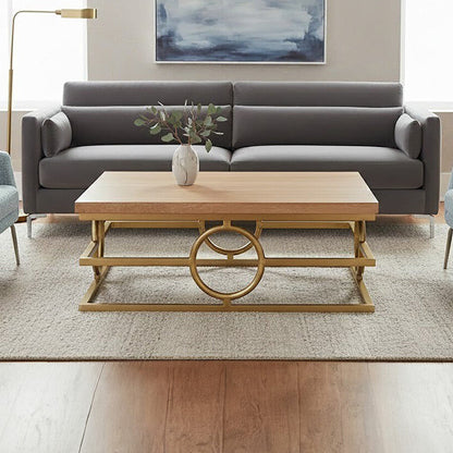Natural Oak Wood Rectangular Coffee Table with Gold Finish | Jarloi