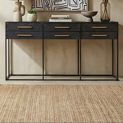 Black Finish 6-Drawer Coffee Table with Metallic Handles and Iron Frame | Judd