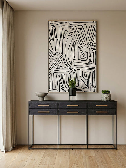 Black Finish 6-Drawer Coffee Table with Metallic Handles and Iron Frame | Judd