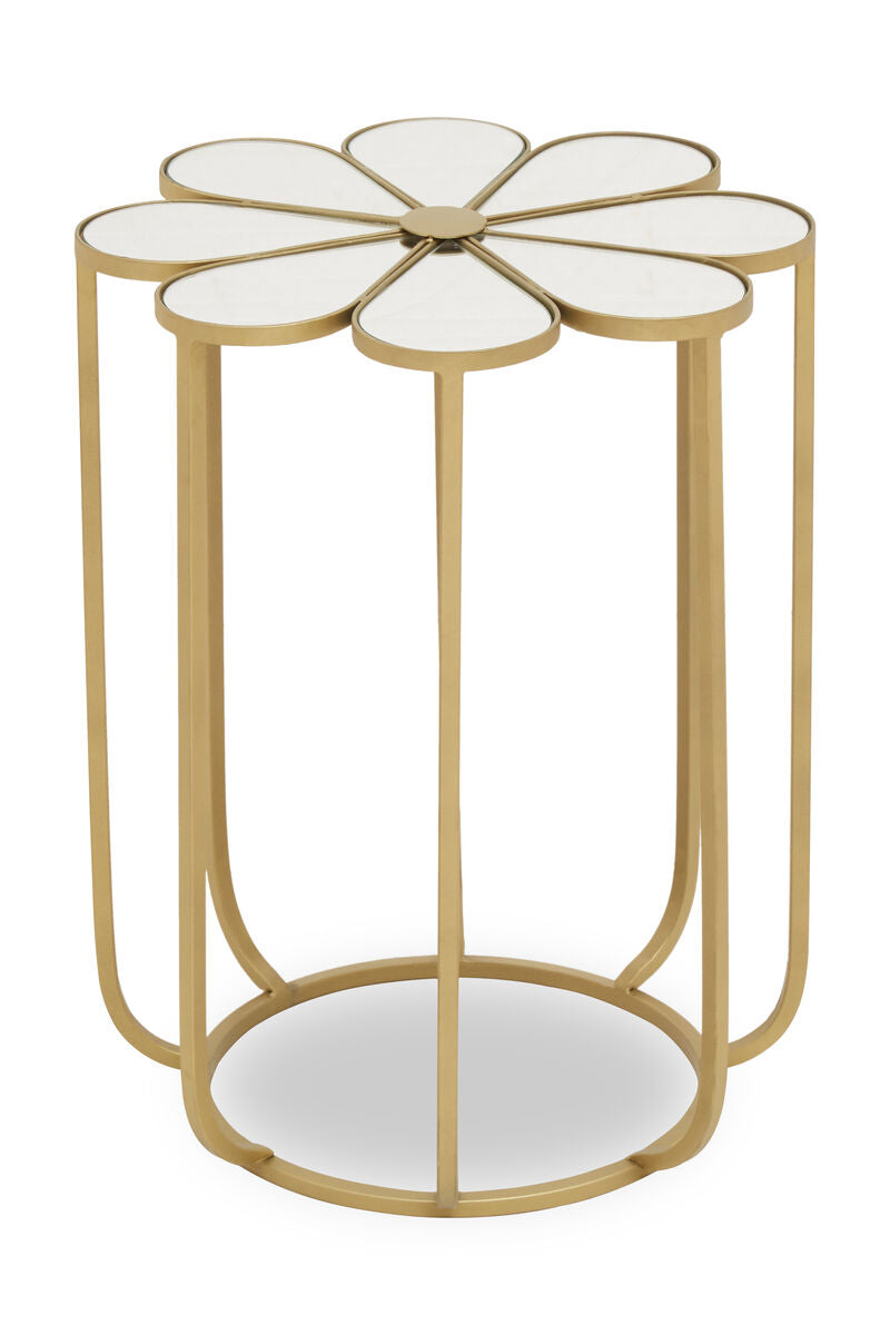 White and Gold Iron Frame Side Table with Petal Design Mirrored Top | Rabia
