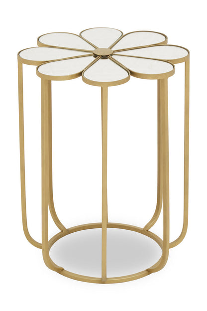 White and Gold Iron Frame Side Table with Petal Design Mirrored Top | Rabia