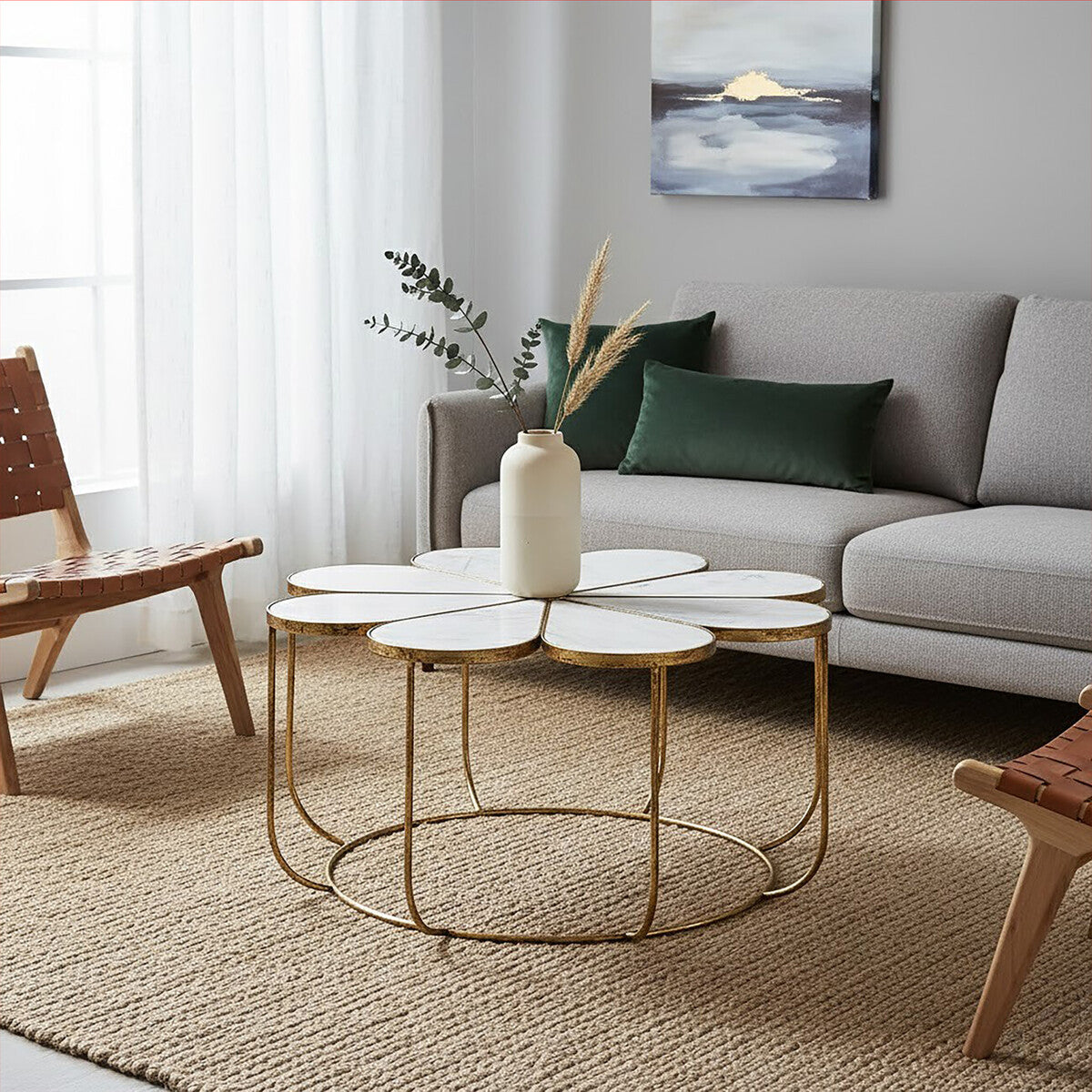 White Polished Marble Top Coffee Table with Petal Design Openwork Base | Rabia