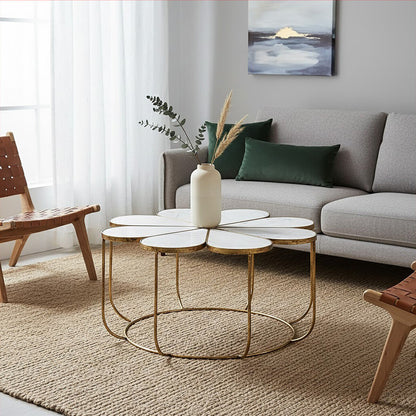 White Polished Marble Top Coffee Table with Petal Design Openwork Base | Rabia