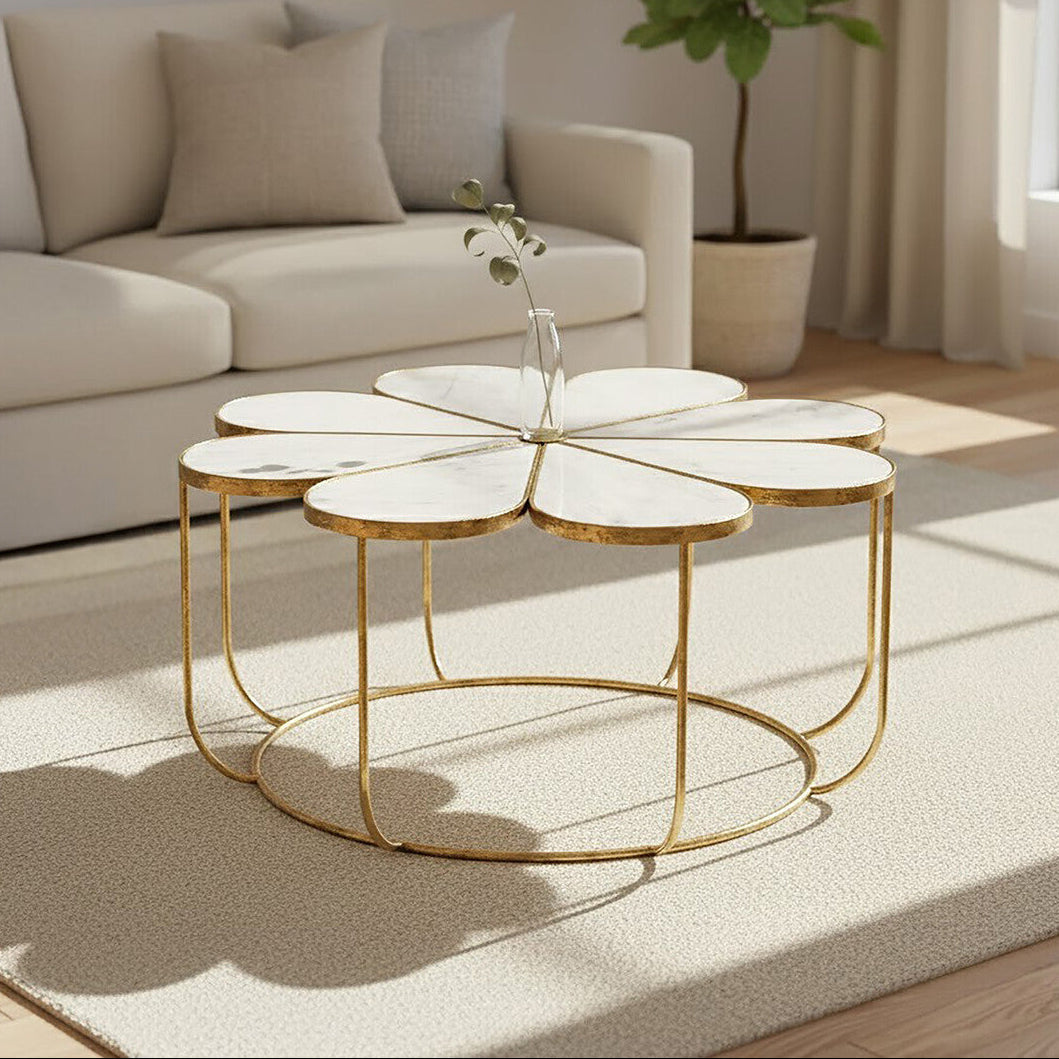White Polished Marble Top Coffee Table with Petal Design Openwork Base | Rabia