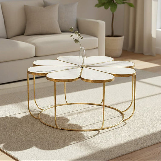 White Polished Marble Top Coffee Table with Petal Design Openwork Base | Rabia