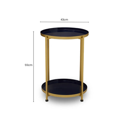 Blue Enamel Metal Two-Tier Side Table with Brass Finish Frame | Rabia