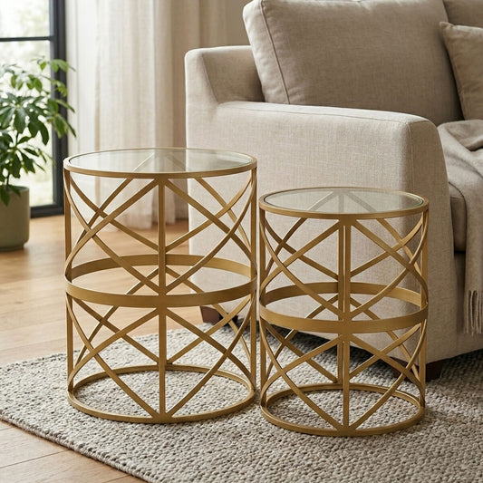 Gold Mirrored Top Set of 2 Side Table with Diamond Pattern Frames | Rabia