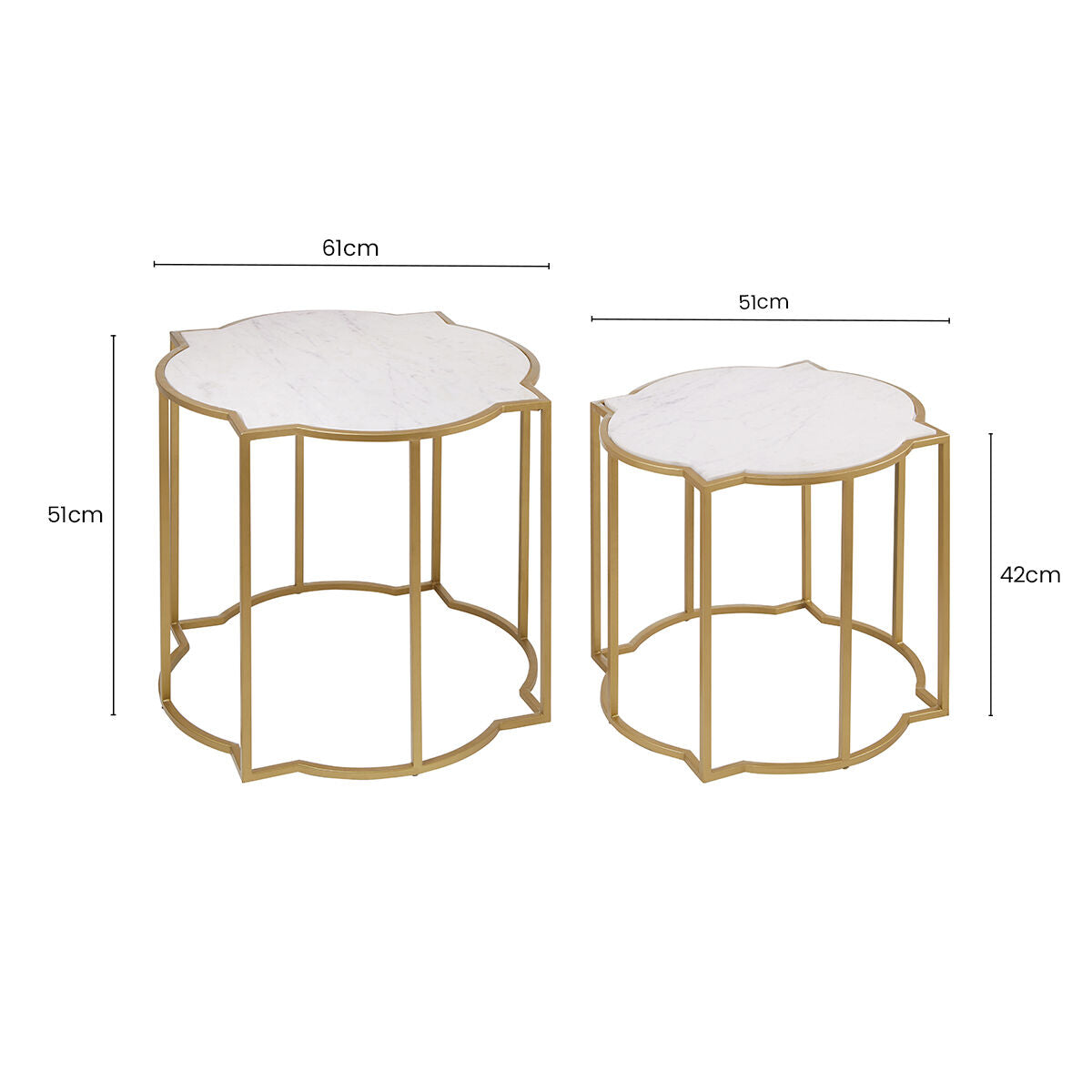 White Marble Quatrefoil Top Set of 2 Side Table with Brass Finish Frames | Rabia