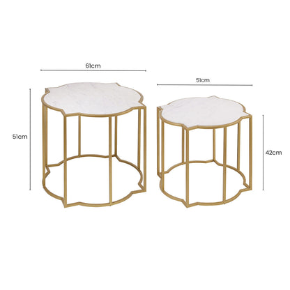 White Marble Quatrefoil Top Set of 2 Side Table with Brass Finish Frames | Rabia