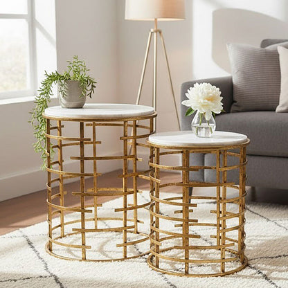 Set of 2 White Marble Tops Round Nesting Tables with Gold Metallic Base | Rabia