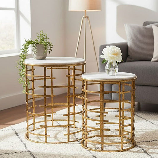 Set of 2 White Marble Tops Round Nesting Tables with Gold Metallic Base | Rabia