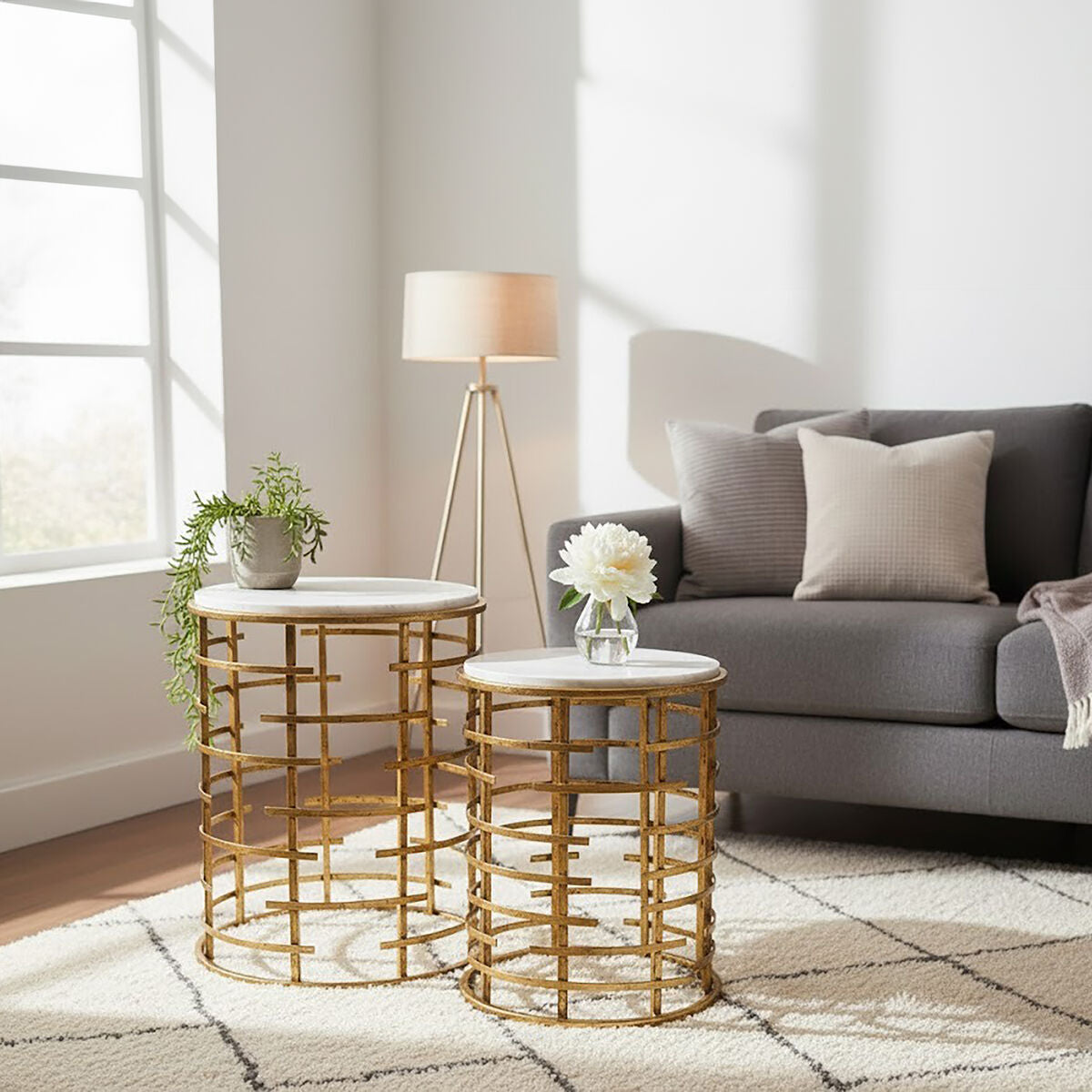 Set of 2 White Marble Tops Round Nesting Tables with Gold Metallic Base | Rabia