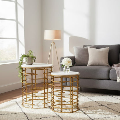 Set of 2 White Marble Tops Round Nesting Tables with Gold Metallic Base | Rabia