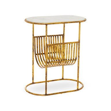 White Marble Top Side Table with Curved Magazine Rack and Gold Metallic Frame | Rabia