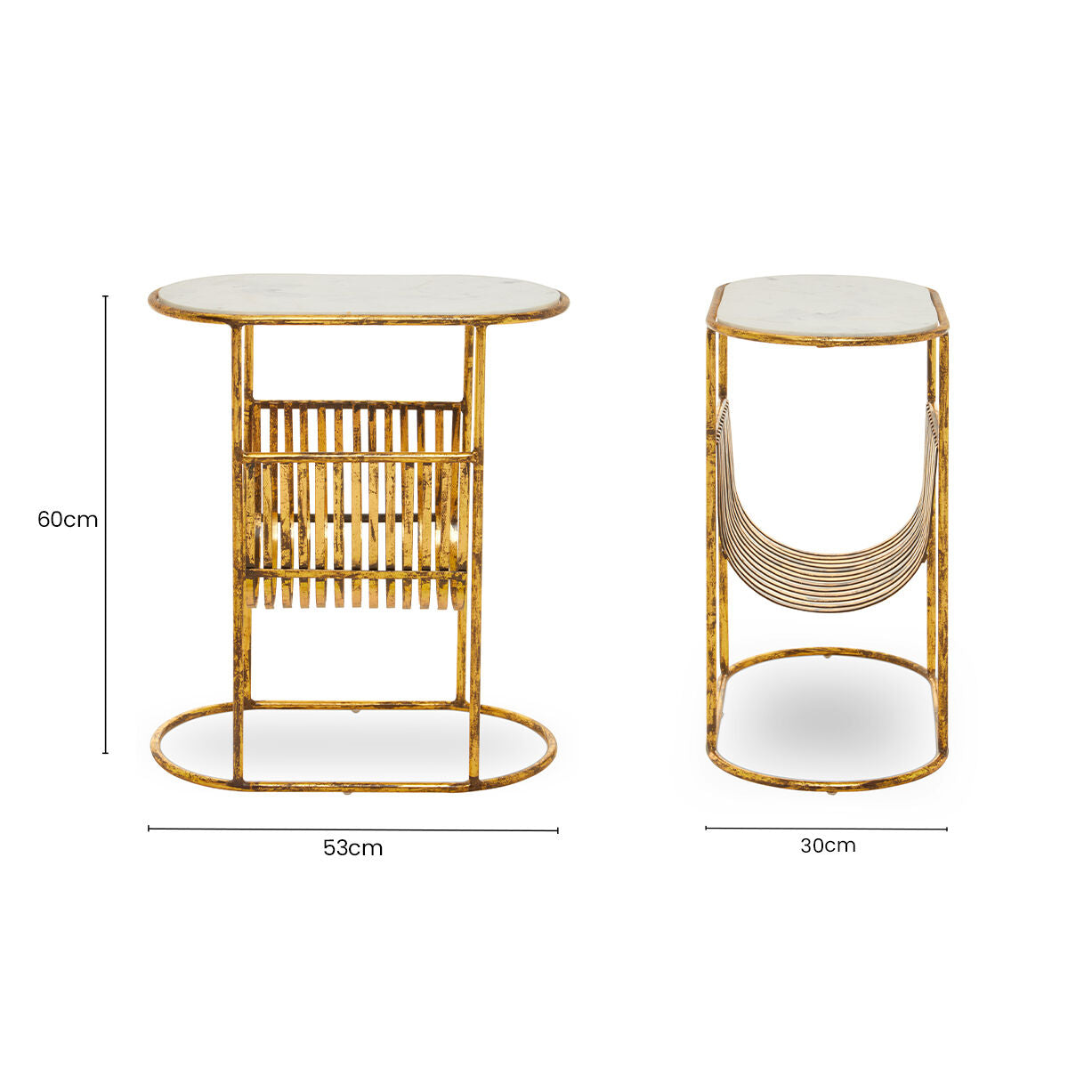 White Marble Top Side Table with Curved Magazine Rack and Gold Metallic Frame | Rabia