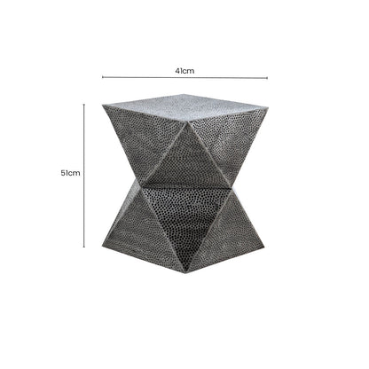 Grey Square Stool with Geometric Detailing and Antique Zinc Finish | Rabia