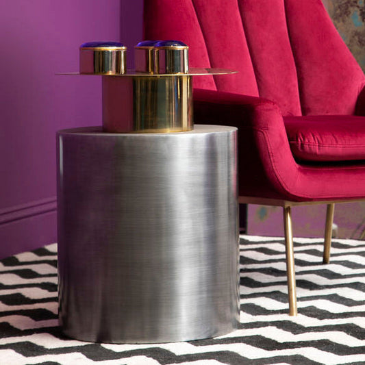 Grey Metal Straight Base Accent Table with Warm Metallic Gold Top | Rabia