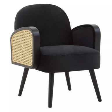 Hala Black Velvet and Rattan Armchair