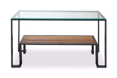 Tempered Glass Top 2-Tier Console Table with Wood Lower Shelf and Black Metallic Frame | Cibo
