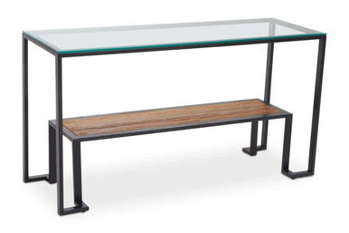 Tempered Glass Top 2-Tier Console Table with Wood Lower Shelf and Black Metallic Frame | Cibo