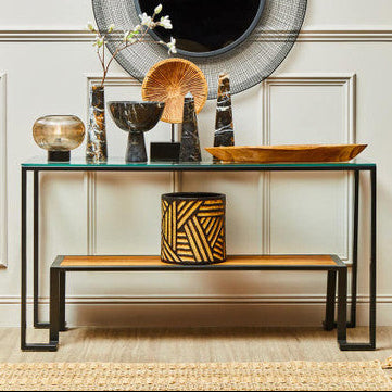 Tempered Glass Top 2-Tier Console Table with Wood Lower Shelf and Black Metallic Frame | Cibo